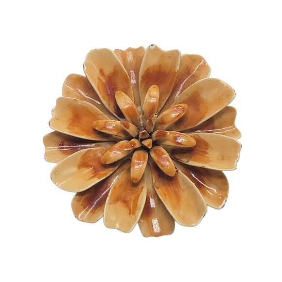 Vintage Enamel Flower Brooch Pin Brown Cream Retro Boho 3D 2.5" 1960s - Picture 1 of 8